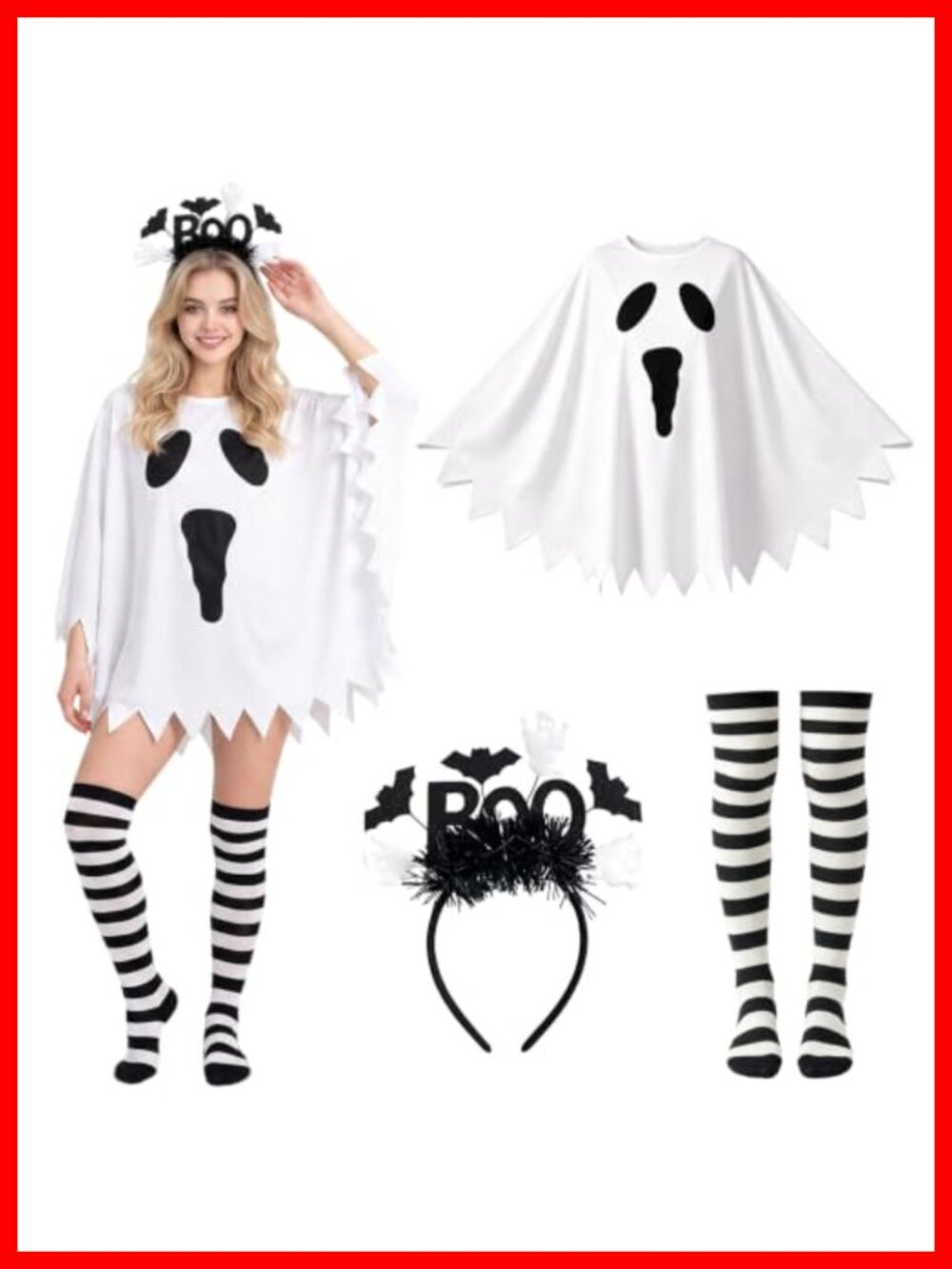 Ghost Poncho Costume Set Headband Striped Socks Halloween Cosplay